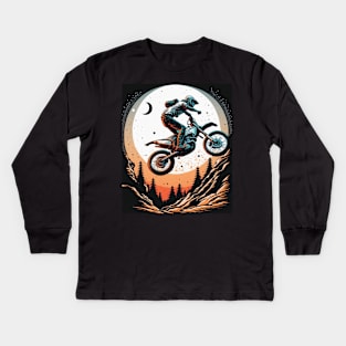 Dirt bike stunt w/moon orange and blue Kids Long Sleeve T-Shirt